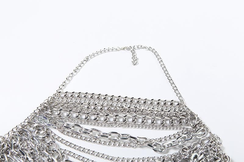 Halter layered metal chain hollow out backless cut out top  | Festival Outfits Women