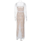 Long sleeve lace zip-up ruched shrug cami maxi dress