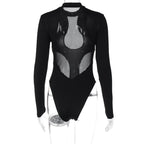 Long sleeve crewneck mesh patchwork bodysuit  | Festival Outfits Women