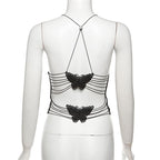 Sheer mesh butterfly applique see through backless solid top  | Festival Outfits Women