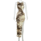 Sleeveless textured tie dye hollow out irregular slit maxi dress