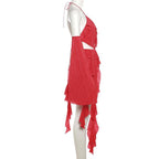 Textured gloves ruffle solid hollow out halter backless mini dress