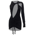Ruched drawstring irregular solid one shoulder hollow out mini dress