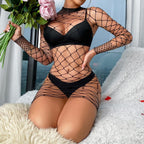 Long sleeve high neck fishnet hollow out lingerie set  | Festival Outfits Women
