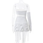 Solid irregular gloves off shoulder drawstring hollow out mini dress