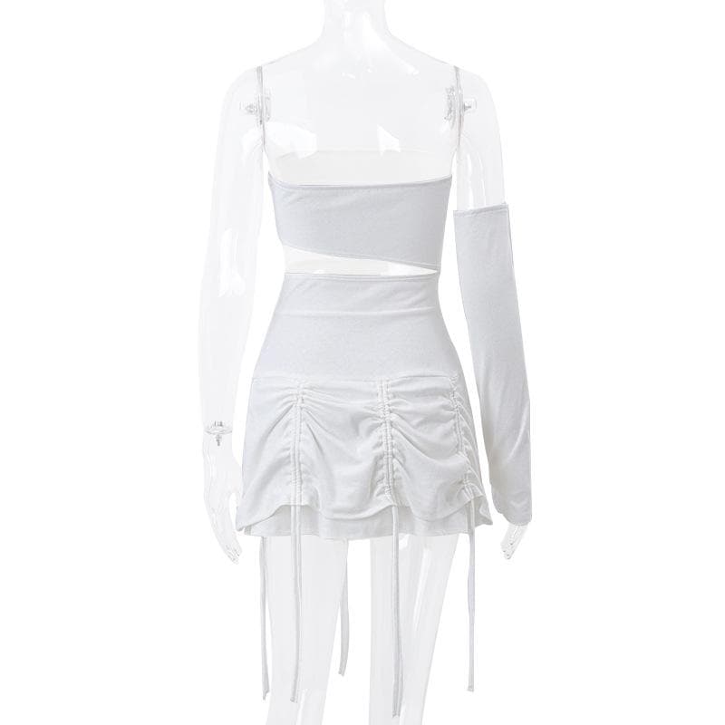 Solid irregular gloves off shoulder drawstring hollow out mini dress