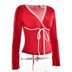 Lace hem long sleeve v neck ribbon ruched top  | Festival Outfits Women