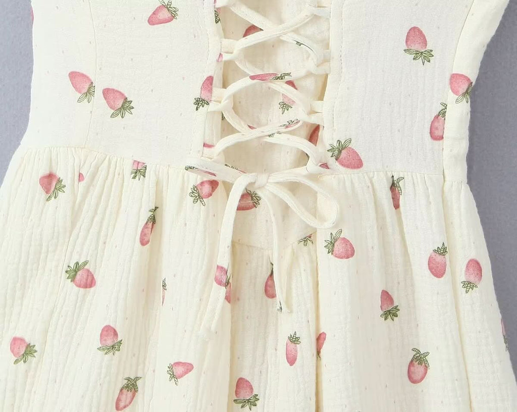 Square neck strawberry print lace up cami mini dress  | Festival Outfits Women