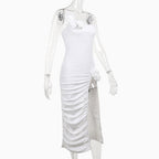 Ruched flower applique solid slit irregular backless midi dress