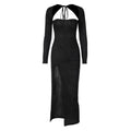 Textured long sleeve lace up self tie slit irregular ruched midi dress
