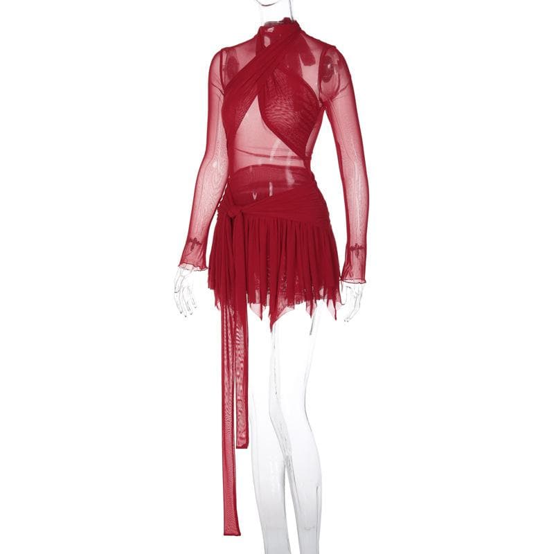 Long sleeve ruffle ruched cross front halter sheer mesh mini dress