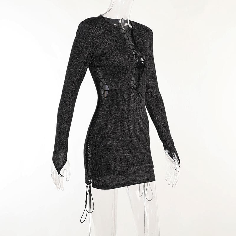 Long sleeve hollow out lace up gloves textured mini dress - Final Sale