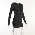 Long sleeve hollow out lace up gloves textured mini dress - Final Sale