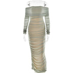 Off shoulder long sleeve slit mesh ruched maxi dress  | Festival Outfits Women