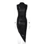Metallic irregular high neck sleeveless ruched midi dress