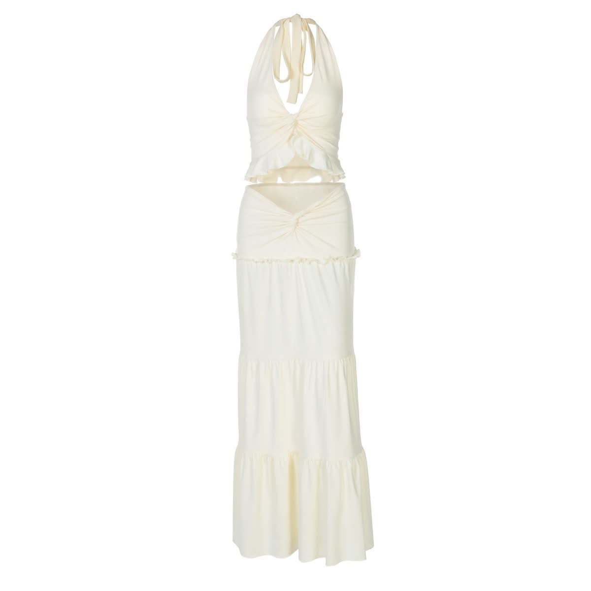 Halter v neck ruffle ruched maxi dress skirt set  | Festival Outfits Women