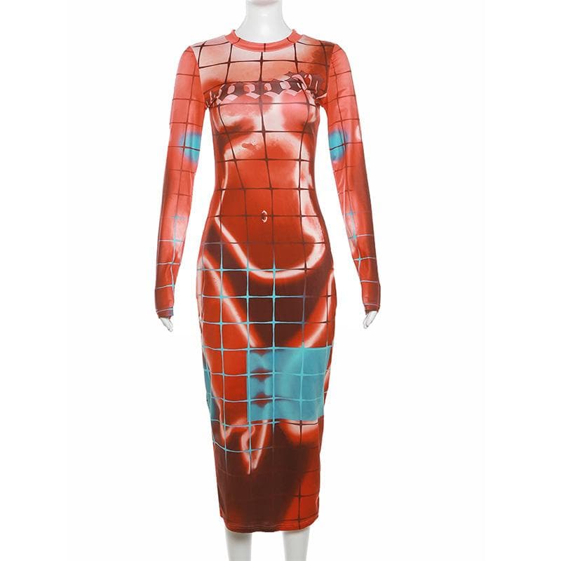 Plaid contrast body print long sleeve crewneck midi dress