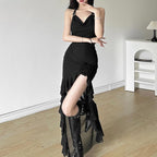 Halter cowl neck flower applique ruffle maxi dress  | Festival Outfits Women
