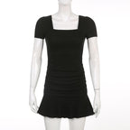 Solid ribbed ruched square neck ruffle short sleeve mini dress