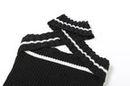 Knitted cross front halter contrast backless hollow out crop cut out top