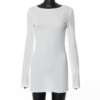 Textured solid self tie backless long sleeve ruffle mini dress