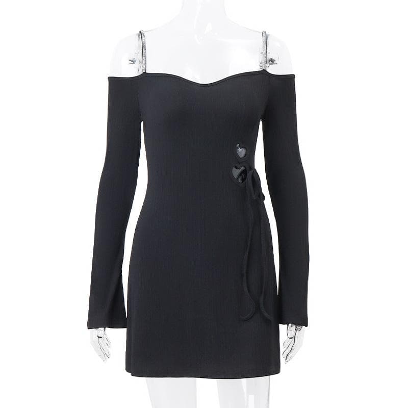 Long sleeve off shoulder textured hollow out cami mini dress - Final Sale