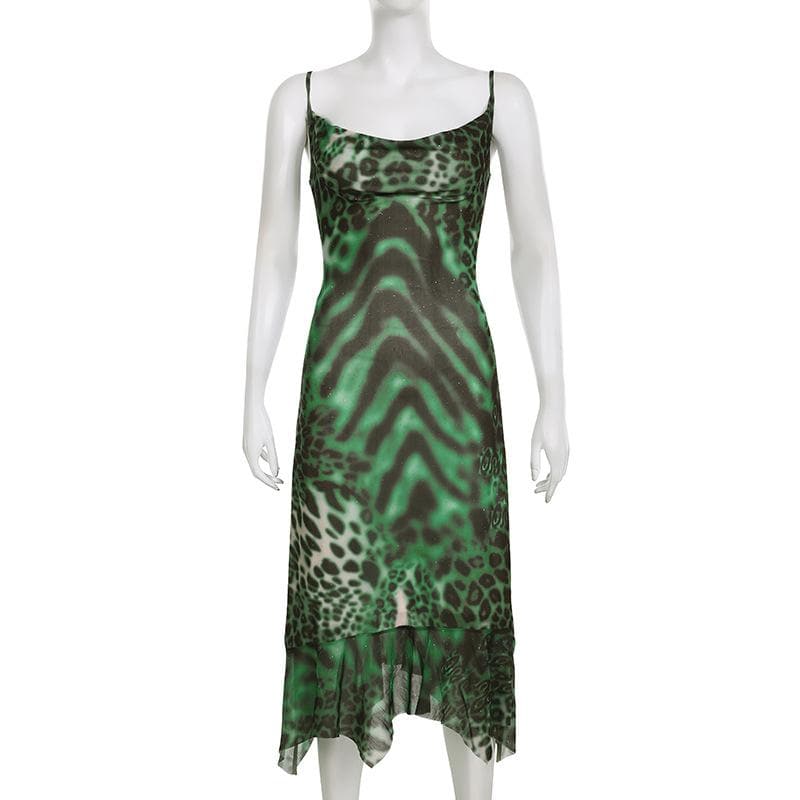 Leopard print cowl neck contrast ruffle backless mesh maxi dress
