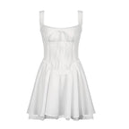 Zip-up lace hem ruched square neck backless solid mini dress