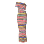 One shoulder contrast striped hollow out slit maxi dress