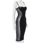 Low Cut Mesh See Through Patchwork Cami midi Dress