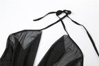 Ruched sheer mesh solid halter self tie backless 3 piece maxi dress
