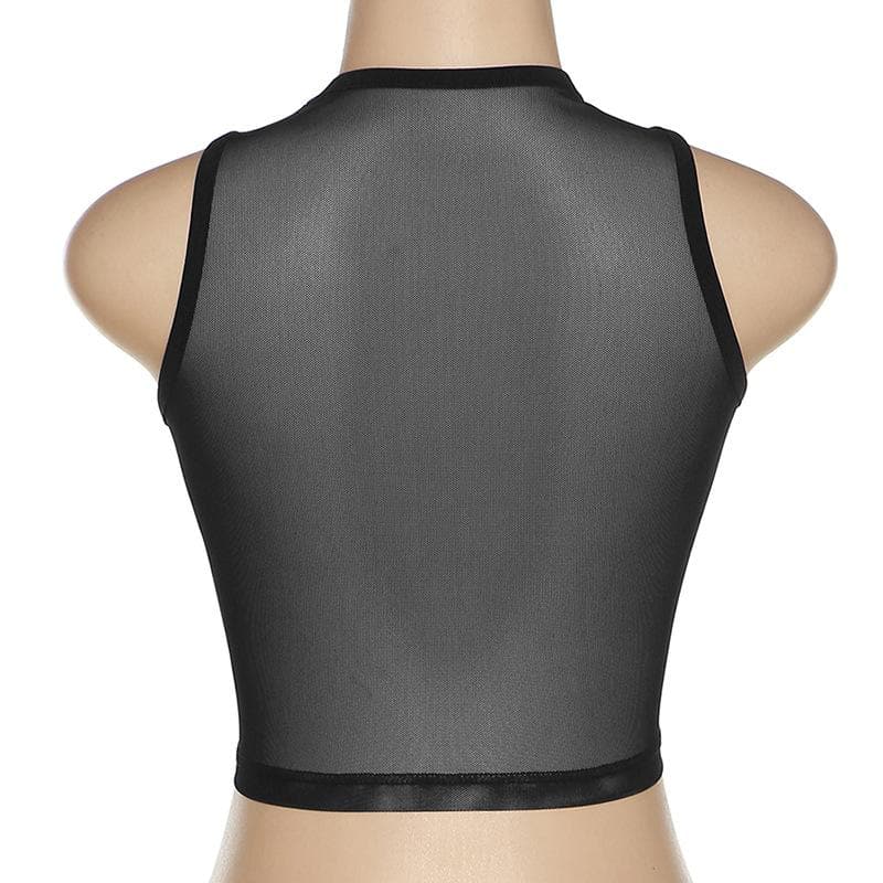Sheer mesh see through palm embroidered crewneck crop top