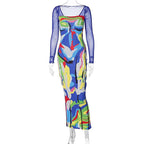 Long sleeve contrast abstract mesh midi dress