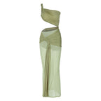 One shoulder ruched hollow out mesh cut out maxi dress  | Festival Outfits Women