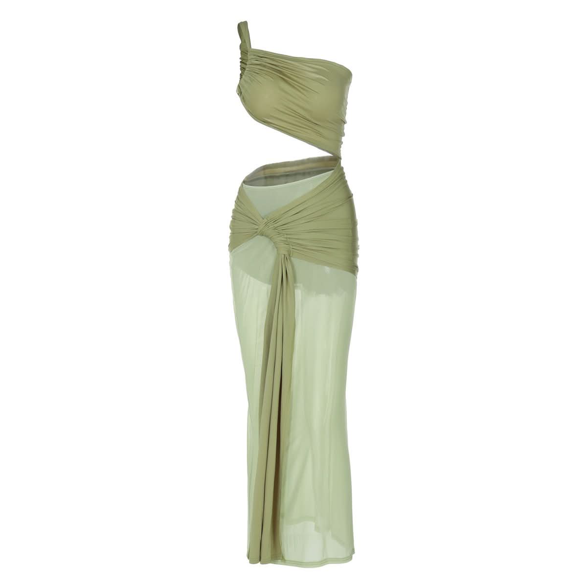One shoulder ruched hollow out mesh cut out maxi dress  | Festival Outfits Women