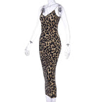 Leopard print contrast spaghetti strap u neck backless midi dress
