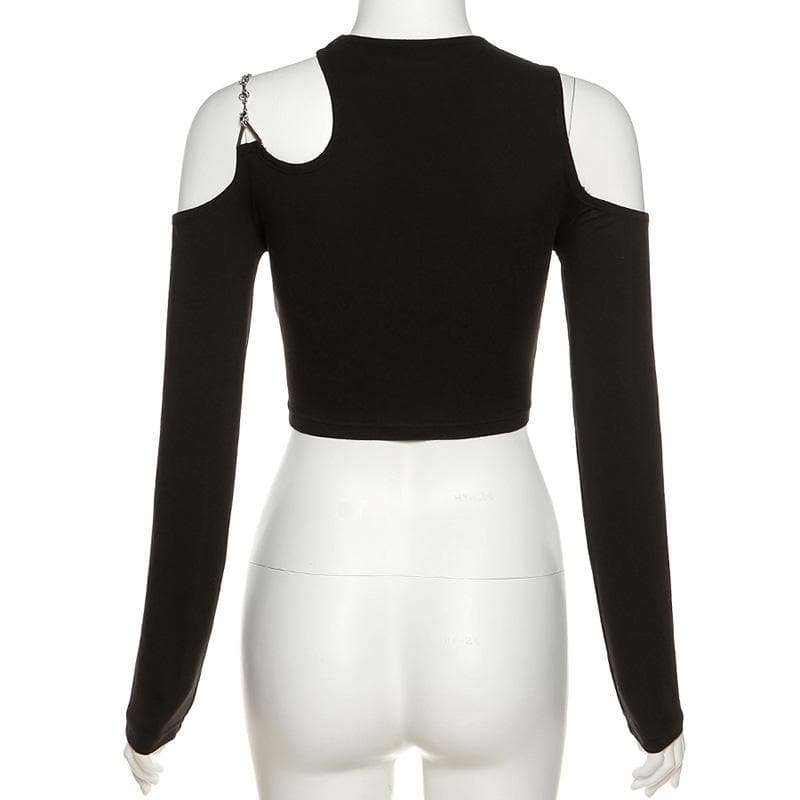 Long sleeve off shoulder metal chain crewneck solid crop top