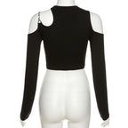 Long sleeve off shoulder metal chain crewneck solid crop top