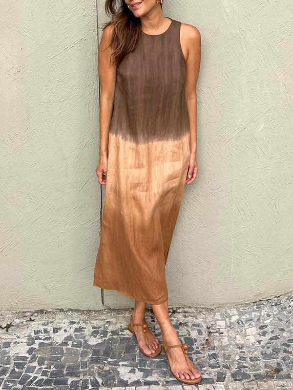 Melanie Minimalist Sleeveless Cotton and Linen Long Dress with Slit and Gradient Tie Dye Boutique Collection