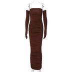 Solid ruched gloves off shoulder backless tube maxi dress