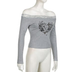 Long sleeve off shoulder ribbed heart pattern lace hem top  | Festival Outfits Women