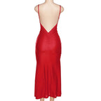 Low cut v neck ruched solid backless cami maxi dress