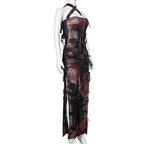 Halter tie dye high slit cross front maxi dress  | Festival Outfits Women