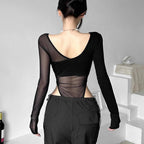 Long sleeve mesh metal tag patchwork bodysuit  | Festival Outfits Women
