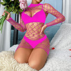 Long sleeve high neck fishnet hollow out lingerie set  | Festival Outfits Women