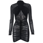 Ruched long sleeve cross front sheer mesh see through mini dress