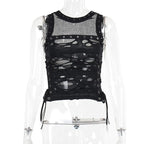 Crewneck fishnet buckle hollow out lace up tank cut out top  | Festival Outfits Women