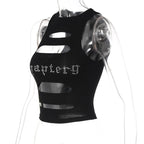 Sleeveless crewneck hollow out beaded contrast crop cut out top