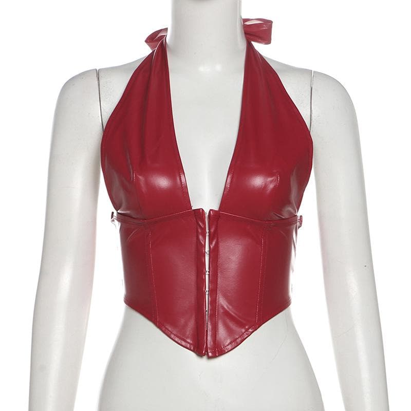 Halter PU leather V neck corset button top  | Festival Outfits Women