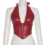 Halter PU leather V neck corset button top  | Festival Outfits Women